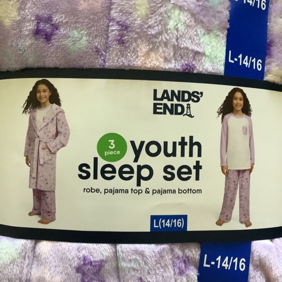 Lands' End Girl's 3 Pc Pajamas Robe Top Bottom Flame Resistant Set Size L 14-16 - Picture 1 of 11